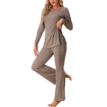 Womens Ribbed Knit Long Sleeves Top and Pants Pajama Sets 2 pc Outfits Set