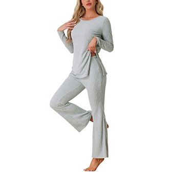 Womens Ribbed Knit Lounge Set Long Sleeves Top and Pants Pajama Sets Two Piece Matching Outfits Set