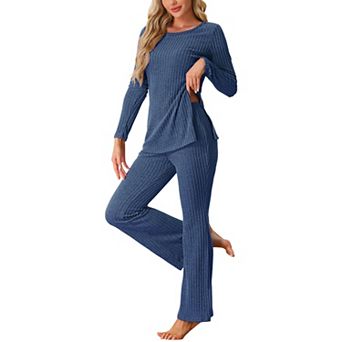 Womens Ribbed Knit Long Sleeves Top and Pants Pajama Sets 2 pc Outfits Set