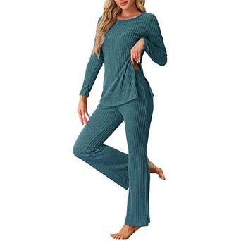 Womens Ribbed Knit Long Sleeves Top and Pants Pajama Sets 2 pc Outfits Set
