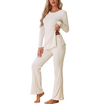 Womens Ribbed Knit Long Sleeves Top and Pants Pajama Sets 2 pc Outfits Set