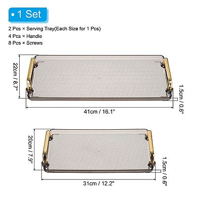 Plastic Serving Tray with Golden Handle, 2 Pcs 16.1" x 8.7"/12.2" x 7.9" Rectangular Decorative Tray