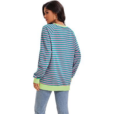 Women's Split Hem Striped Oversized Sweatshirt Color Block Crewneck Casual Loose Shirt Pullover Tops