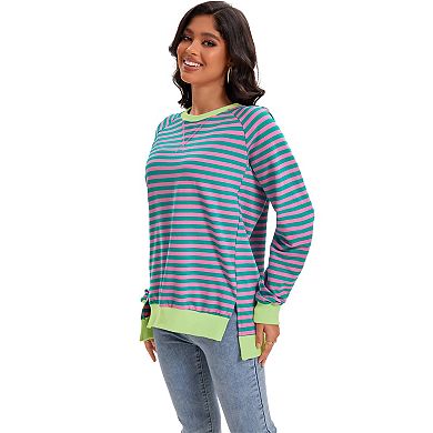 Women's Split Hem Striped Oversized Sweatshirt Color Block Crewneck Casual Loose Shirt Pullover Tops