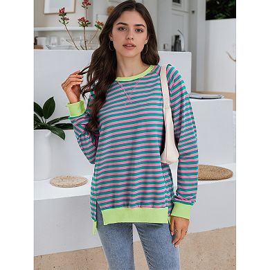 Women's Split Hem Striped Oversized Sweatshirt Color Block Crewneck Casual Loose Shirt Pullover Tops