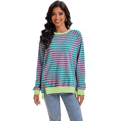 Women's Split Hem Striped Oversized Sweatshirt Color Block Crewneck Casual Loose Shirt Pullover Tops