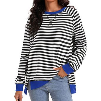 Women's Split Hem Striped Oversized Sweatshirt Color Block Crewneck Casual Loose Shirt Pullover Tops