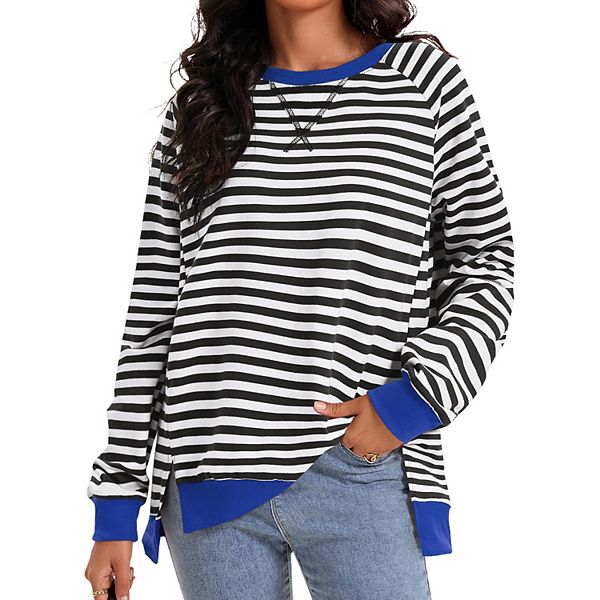 Women's Split Hem Striped Oversized Sweatshirt Color Block