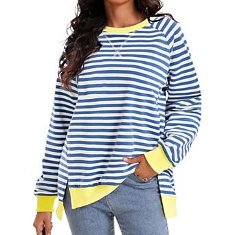 Women's Split Hem Striped Oversized Sweatshirt Color Block Crewneck Casual Loose Shirt Pullover Tops