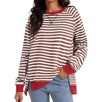 Women's Split Hem Striped Oversized Sweatshirt Color Block Crewneck Casual Loose Shirt Pullover Tops