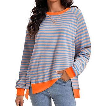 Women's Split Hem Striped Oversized Sweatshirt Color Block Crewneck Casual Loose Shirt Pullover Tops