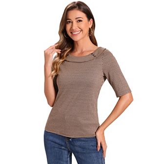 Houndstooth Top for Women's Half Sleeve Boat Neck Blouses Tops
