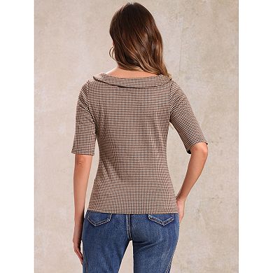 Houndstooth Top for Women's Half Sleeve Boat Neck Blouses Tops