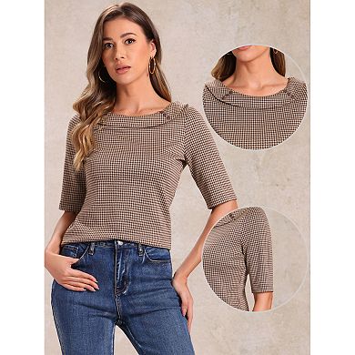 Houndstooth Top for Women's Half Sleeve Boat Neck Blouses Tops