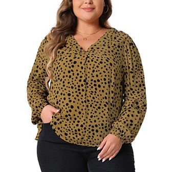 Plus Size Top for Women Polka Dot V Neck Long Sleeve Casual Work Business Blouse Shirts