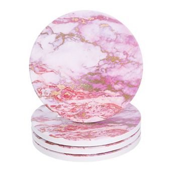 4 pc Absorbent Coasters Pink Marble Gilding Pattern Round Coaster with Cork Backing Non-Slip 4"