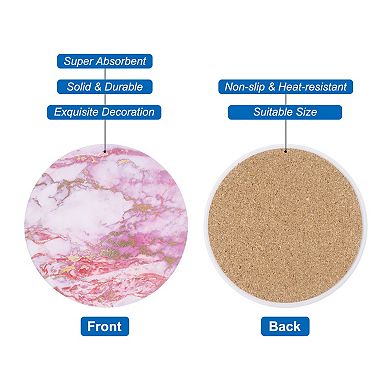 4Pcs Absorbent Coasters Pink Marble Gilding Pattern Round Coaster with Cork Backing Non-Slip 4"