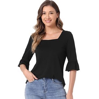 3/4 Bell Sleeve Tops for Women's Summer Dressy Casual Square Neck Blouse Shirt