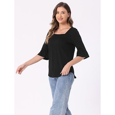 3/4 Bell Sleeve Tops for Women's Summer Dressy Casual Square Neck Blouse Shirt