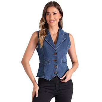 Denim Vest for Women's Notched Lapel Button Down Sleeveless Casual Jean Jacket