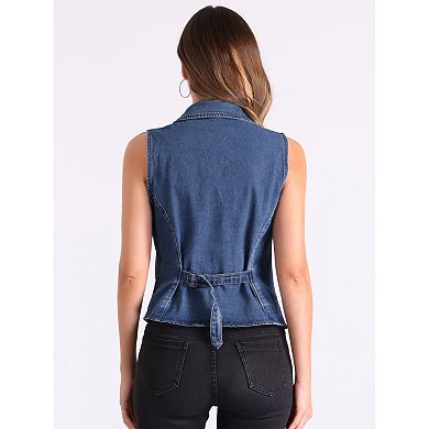 Denim Vest for Women's Notched Lapel Button Down Sleeveless Casual Jean Jacket