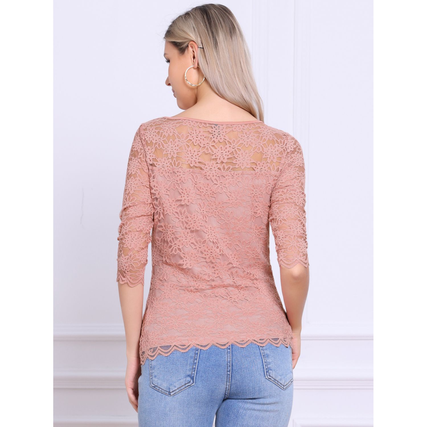 Floral Lace Top for Women's 3/4 Sleeve Crew Neck Casual Elegant