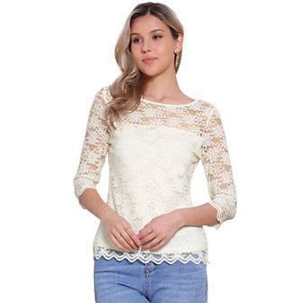 Floral Lace Top for Women's 3/4 Sleeve Crew Neck Casual Elegant Lace Blouse Tops