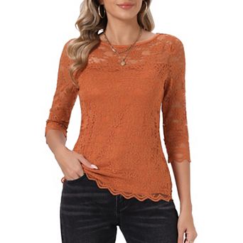 Floral Lace Top for Women's 3/4 Sleeve Crew Neck Casual Elegant Lace Blouse Tops