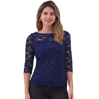 Floral Lace Top for Women's 3/4 Sleeve Crew Neck Casual Elegant Lace Blouse Tops