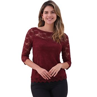 Floral Lace Top for Women's 3/4 Sleeve Crew Neck Casual Elegant Lace Blouse Tops
