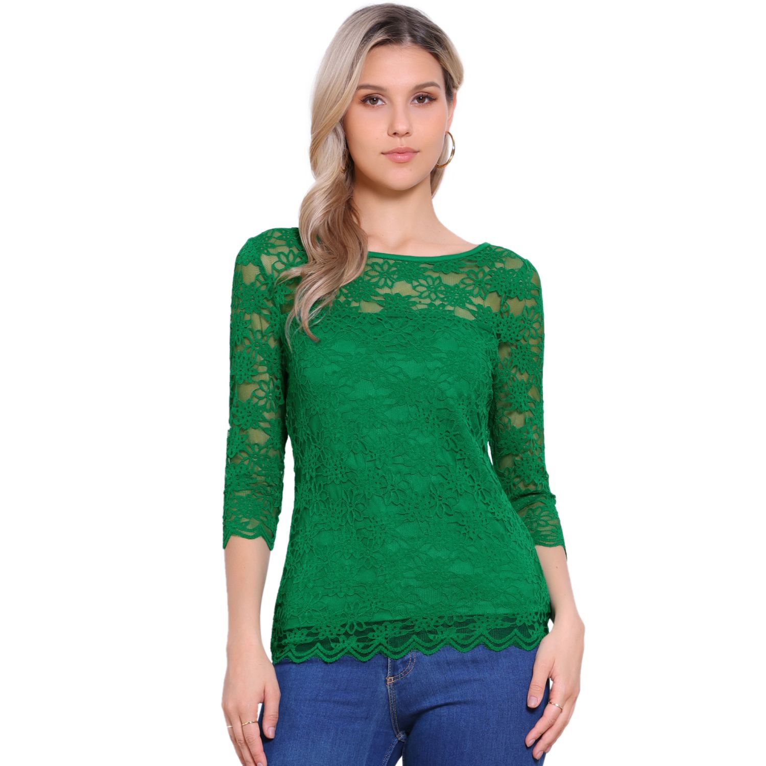 Floral Lace Top for Women's 3/4 Sleeve Crew Neck Casual Elegant