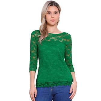 Floral Lace Top for Women's 3/4 Sleeve Crew Neck Casual Elegant Lace Blouse Tops