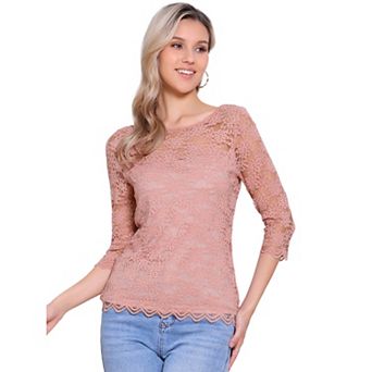 Floral Lace Top for Women's 3/4 Sleeve Crew Neck Casual Elegant Lace Blouse Tops