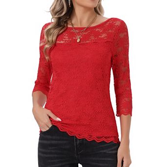 Floral Lace Top for Women's 3/4 Sleeve Crew Neck Casual Elegant Lace Blouse Tops