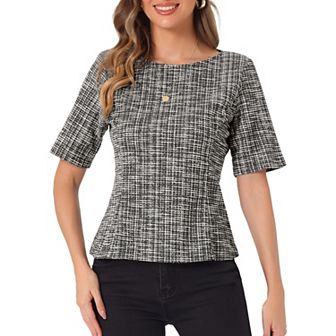 Tweed Top for Women's Round Neck Short Sleeve Pullover Work Office Blouse