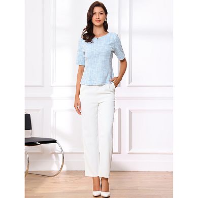 Tweed Top for Women's Round Neck Short Sleeve Pullover Work Office Blouse