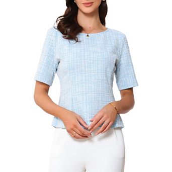 Tweed Top for Women's Round Neck Short Sleeve Pullover Work Office Blouse