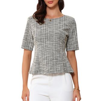 Tweed Top for Women's Round Neck Short Sleeve Pullover Work Office Blouse