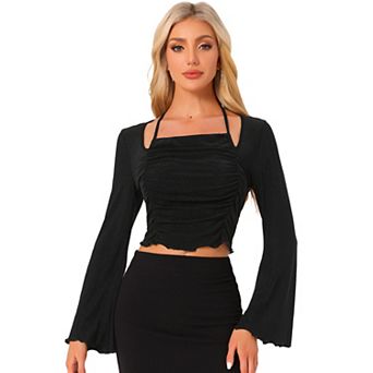 Women's Flounce Long Sleeves Ruched Tie Back Lightweight Crop Top Tee Blouse