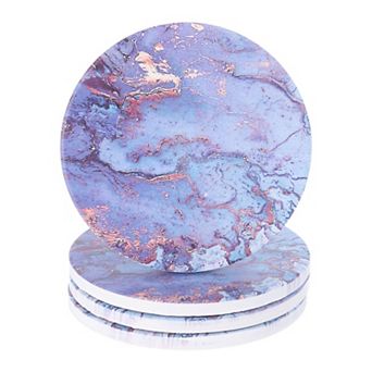 4 pc Absorbent Coasters Purple Marble Gilding Pattern Round Coaster with Cork Backing Non-Slip 4"