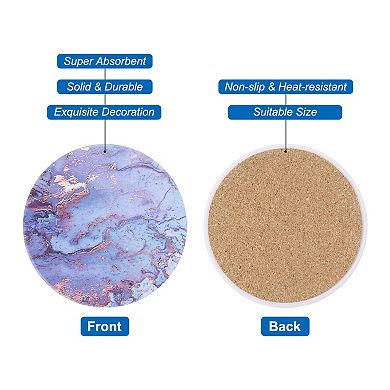 4Pcs Absorbent Coasters Purple Marble Gilding Pattern Round Coaster with Cork Backing Non-Slip 4"