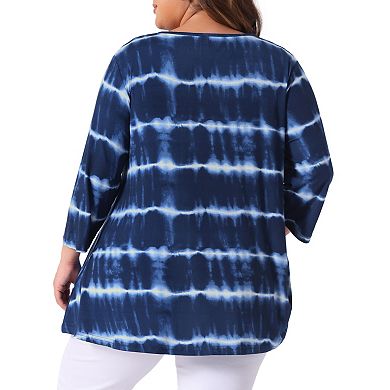 V Neck Plus Size Tops for Women Elbow 3/4 Sleeve Loose Fit Casual Blouse Tee Top Tie Dye Trendy
