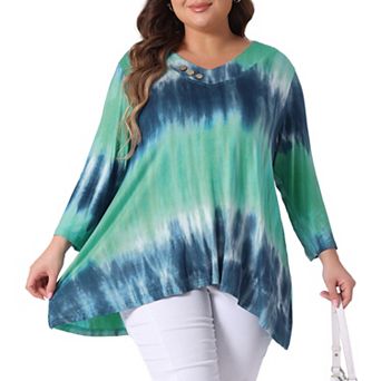 V Neck Plus Size Tops for Women Elbow 3/4 Sleeve Loose Fit Casual Blouse Tee Top Tie Dye Trendy
