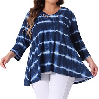 V Neck Plus Size Tops for Women Elbow 3/4 Sleeve Loose Fit Casual Blouse Tee Top Tie Dye Trendy