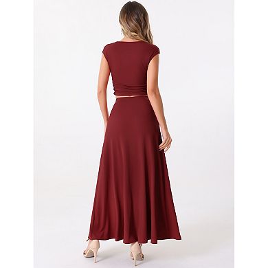 Two Piece Skirt Set Crew Neck Short Sleeve Cropped Top Elastic Waist A-Line Midi Skirt