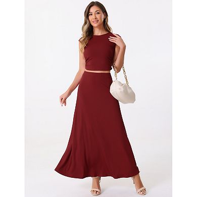 Two Piece Skirt Set Crew Neck Short Sleeve Cropped Top Elastic Waist A-Line Midi Skirt