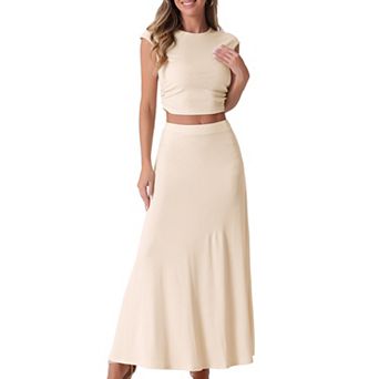Two Piece Skirt Set Crew Neck Short Sleeve Cropped Top Elastic Waist A-Line Midi Skirt
