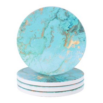 4 pc Absorbent Coasters Green Marble Gilding Pattern Round Coaster with Cork Backing Non-Slip 4"