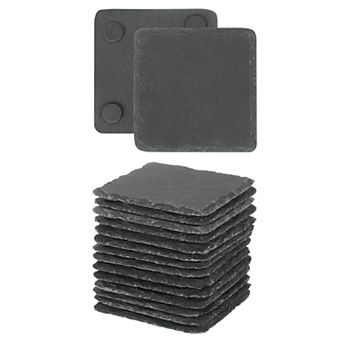 16 pc Slate Drink Coasters, 4 Inch Black Square Slate Stone Coasters with Anti-Scratch Bottom