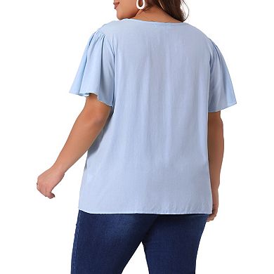 Plus Size Tops for Women V Neck Ruffle Sleeve Smocked Shoulder Chiffon Blouses Tops